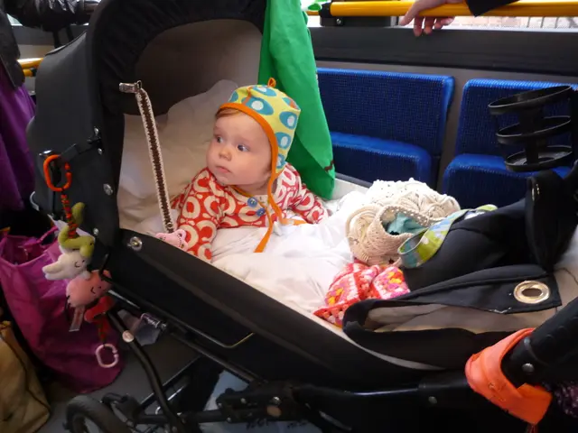 There is a baby wearing a cap and sitting on a wheel chair. In the background, there is a person...